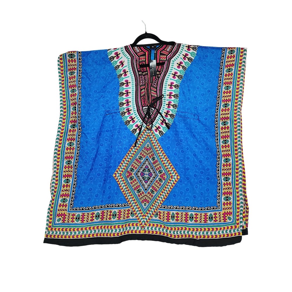 Ana & Kate Kaftan OS Wom Blue Dashiki Print V-Neck Tie Boho Festival Coverup NEW